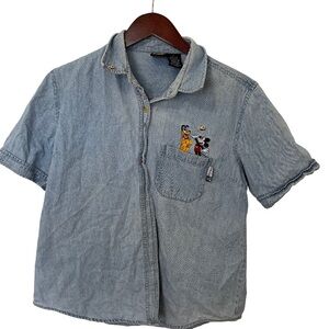 Disney Mickey Unlimited Light Blue Denim Short Sleeve Embroidered Top